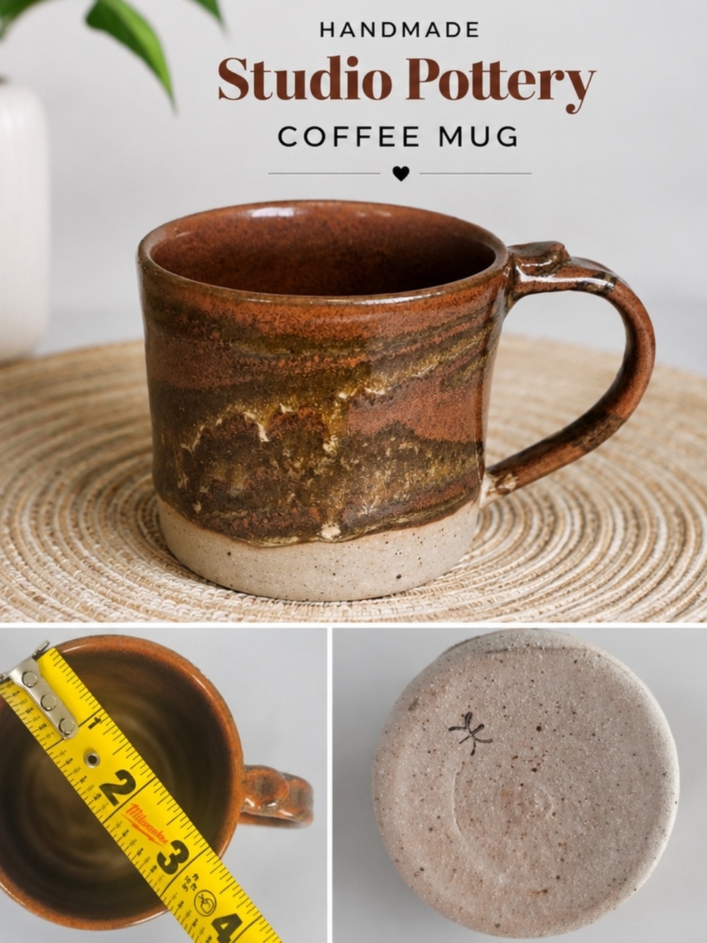 Makers Market Brown & Cream Handmade Studio Pottery Coffee Mug Signed.